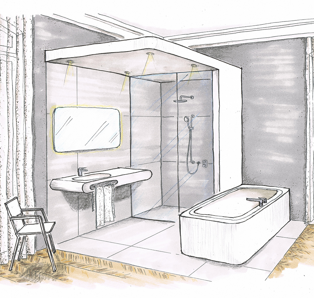 Skizzenhafte, cartoonartige Illustration eines Badezimmers.
Zu sehen ist ein modernes Bad mit bodengleicher Dusche, daneben eine freistehende Badewanne. Ein wandmontiertes Waschbecken mit Spiegel sowie ein Stuhl mit Armlehnen komplettieren das Design. Die Darstellung ist nicht fotorealistisch, sondern in einem reduzierten, handgezeichneten Stil gehalten.