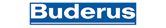 Das Logo zeigt den Namen „Buderus“ in fetter, weißer Schrift auf einem rechteckigen, blauen Hintergrund. Unter dem Text verläuft eine dünne weiße Linie