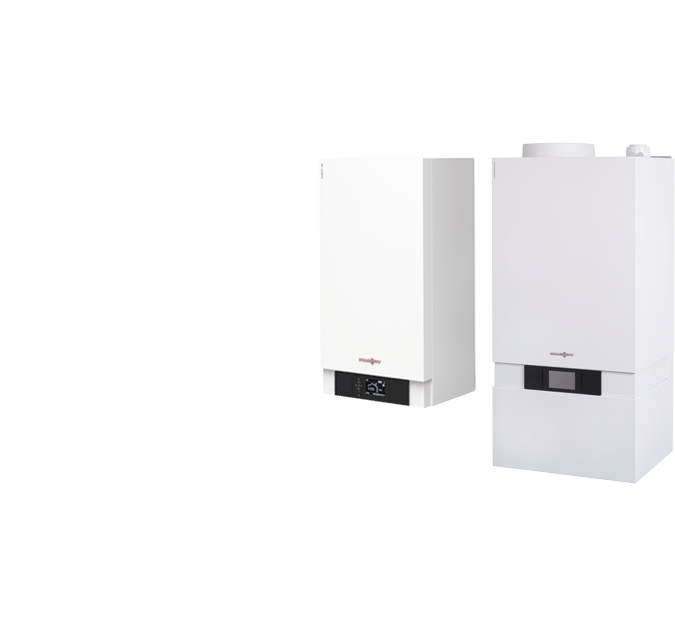 Zwei moderne Wandheizgeräte der Marke Viessmann nebeneinander