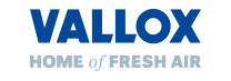 Das Logo zeigt den Namen „VALLOX“ in blauer Großbuchstabenschrift. Darunter steht der Slogan „Home of fresh air“ in hellblauer Schrift.