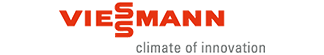 Das Logo zeigt das Wort „Viessmann“ in Großbuchstaben, wobei das doppelte „S“ zu einem markanten grafischen Element kombiniert ist. Der Schriftzug ist in kräftigem Rot gehalten. Unter dem Logo steht in kleinerer, heller Schrift der Slogan „climate of innovation“.