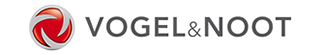Links befindet sich ein rundes, dynamisches Symbol in Rot- und Grautönen, das an ein rotierendes Element erinnert. Rechts daneben steht der Schriftzug „VOGEL & NOOT“ in grauer Großschrift auf weißem Hintergrund.